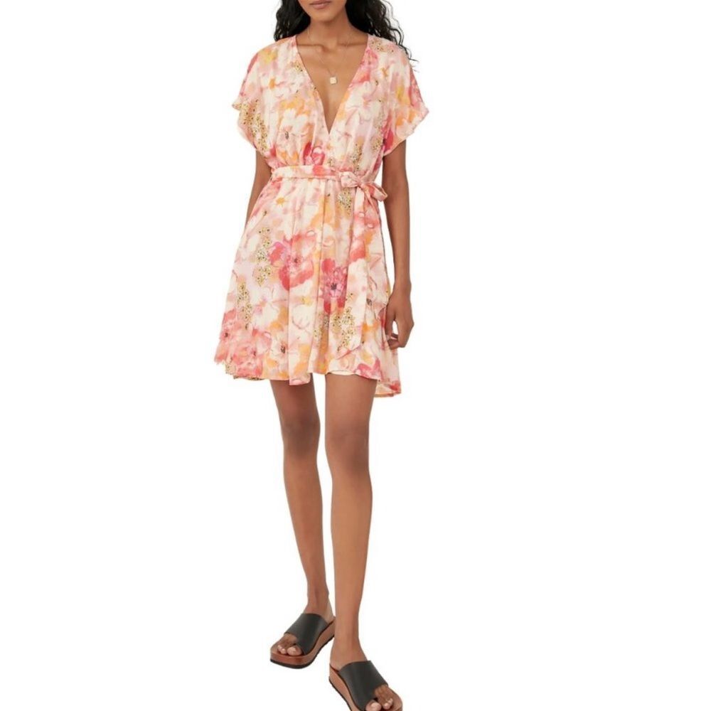 FREE PEOPLE Freddy Tie Waist Minidress Watercolor Floral Print Pink Women’s XS - Picture 2 of 10